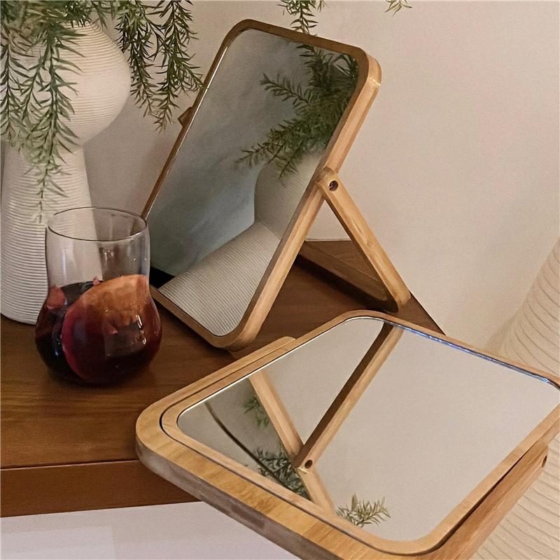 Miroir De Maquillage  | Miroir De Maquillage En Bambou Naturel – Miroir De Coiffeuse Vintage En Bois Massif Hd, Miroir De Table Pliant Entièrement En Bois. Miroir De Maquillage Miroir De Maquillage