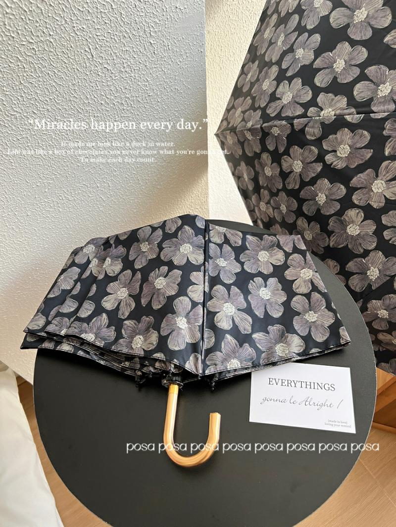 Parapluie Et Équipement De Pluie  | Parapluie Pliant Noir À Fleurs Posa, Élégant Et Minimaliste, Protection Solaire, Résistant À La Pluie, Pour Femme, Usage Double. Parapluie Et Équipement De Pluie Parapluie Et Équipement De Pluie